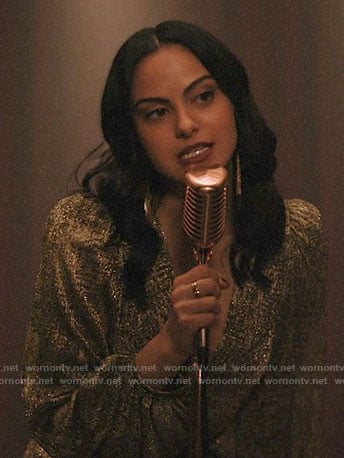 Veronica's gold maxi dress with open back on Riverdale