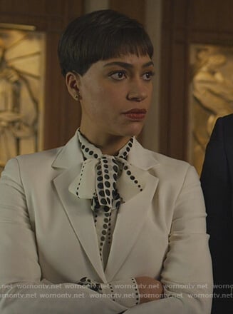 Lucca's white polka dot print blouse on The Good Fight