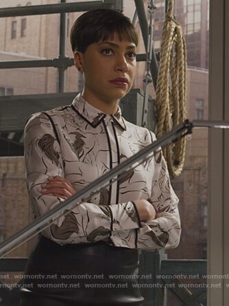 Lucca's white lion print blouse on The Good Fight