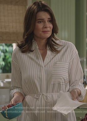 Heather's white pinstripe shirtdress on Life in Pieces