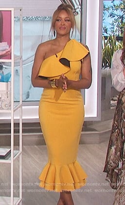 Eve's yellow one shoulder ruffle dress on The Talk