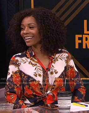 Zuri's floral and butterfly print blouse on Live from E!