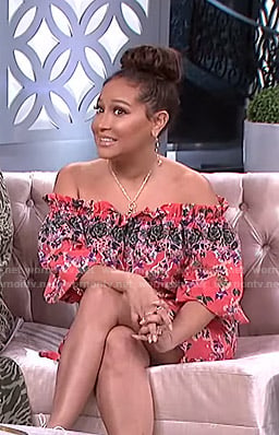 Adrienne's pink floral off-shoulder dress on The Real
