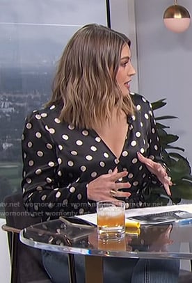 Carissa's black polka dot wrap top on E! News Daily Pop