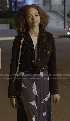 Tabitha's navy bird print slit skirt on Trinkets