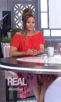 Tamera's red off-shoulder pleated dress on The Real