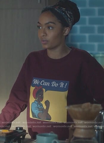 Zoey's maroon We Can Do It sweatshirt on Grown-ish