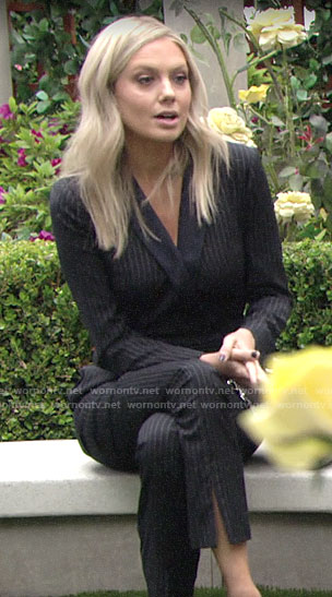 Abby's pinstripe jumspuit on The Young and the Restless