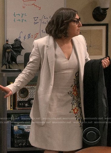 Amy's beige embroidered dress and blazer on The Big Bang Theory