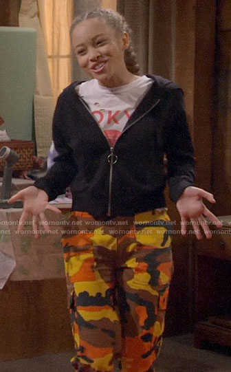 Ava's orange camo pants and Tokyo graphic top on Bunkd