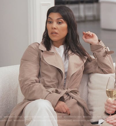 Kourtney's beige wrap trench coat on Keeping Up with the Kardashians
