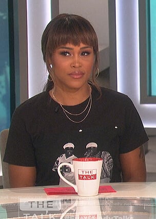 Eve's black print tee and leather skirt on The Talk