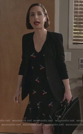 Jen's black bird print dress on Life in Pieces