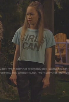 Ava's GIRLS CAN tee and camo leggings on Bunkd