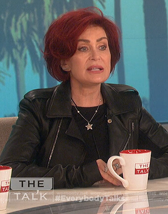 Sharon's black leather moto jacket on The Talk