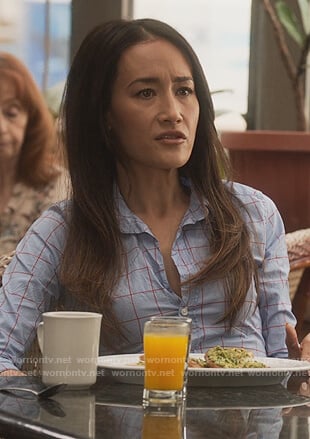 Hanna's blue check wrinkled blouse on Designated Survivor