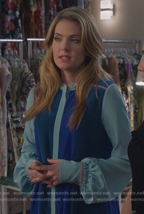 Sutton's blue silk colorblock blouse on The Bold Type