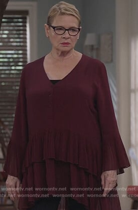 Joan's burgundy's pleated dress on Life in Pieces