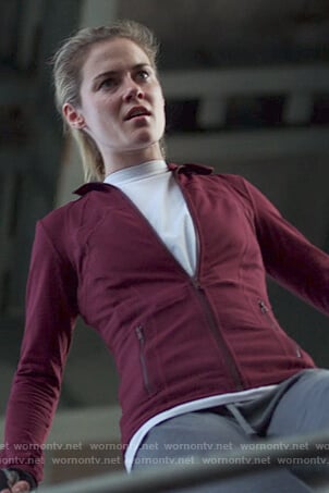 Trish's burgundy track jacket on Jessica Jones