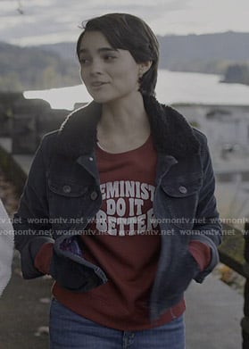 Elodie's red Feminists Do It Better sweatshirt on Trinkets
