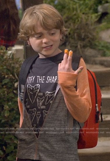 Finn's shark tooth t-shirt on Bunkd
