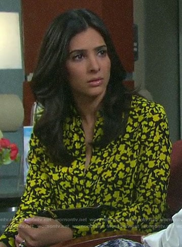 Gabi's black and yellow floral blouse on Days of our Lives