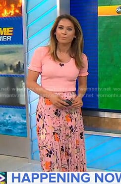 Ginger's pink top and floral pleated skirt on Good Morning America
