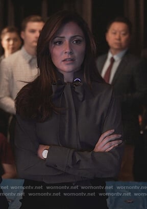 Emily's gray tie neck blouse on Designated Survivor