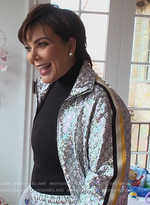 Kris's silver Gucci logo metallic jacket on Keeping Up with the Kardashians