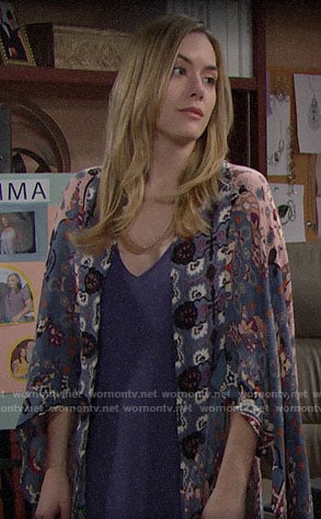 Hope's blue dress and mixed print kimono on The Bold and the Beautiful