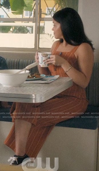 Jane's orange striped button-front jumpsuit on Jane the Virgin