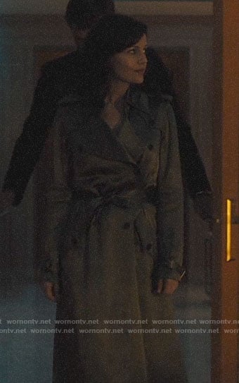 Jett's olive green satin trench coat on Jett