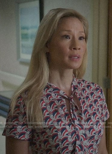 Joan's face print tie-neck dress on Elementary