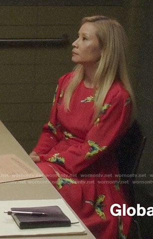 Joan's red bird print dress on Elementary