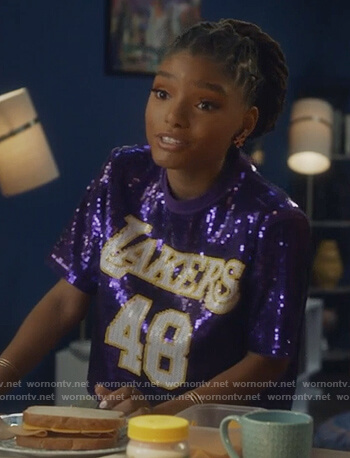 Skylar's purple sequined Lakers top and camo pants on Grown-ish