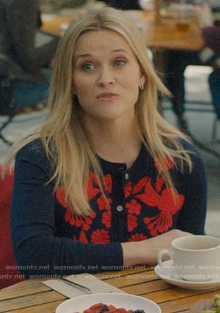 Madeline's navy and red embroidered cardigan on Big Little Lies