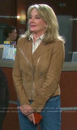 Marlena's striped blouse and suede moto jacket on Days of our Lives