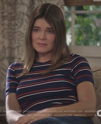 Heather's navy striped ribbed top on Life in Pieces