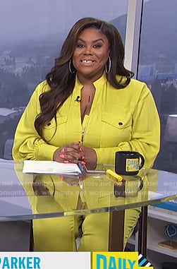 Nina's yellow utility jumpsuit on E! News Daily Pop