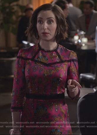 Jen's pink printed lace trim dress on Life in Pieces