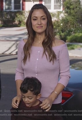 Colleen's pink off shoulder sweater on Life in Pieces