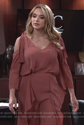 Summer's pink ruffle blouse and pants on The Young and the Restless