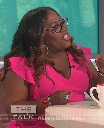 Sheryl's pink ruffle v-neck sheath dress on The Talk