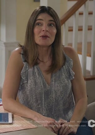 Heather's printed ruffled top on Life in Pieces