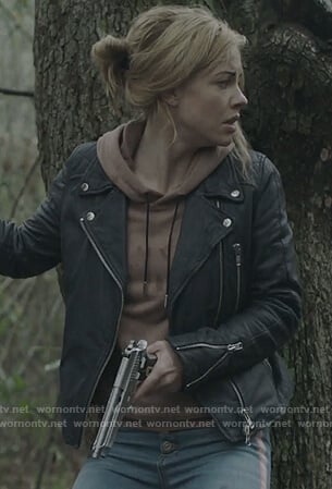 Kelly Anne's black leather moto jacket on Queen of the South