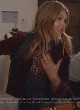 Sutton's maroon velvet blazer on The Bold Type