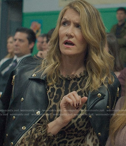 Renata's leopard print blouse leather double-breasted jacket on Big Little Lies