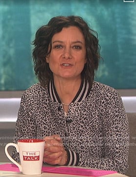 Sara's grey leopard print varsity jacket on The Talk