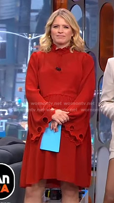 Sara's red flared sleeve dress with cutouts on GMA Strahan And Sara