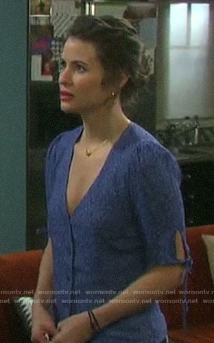 Sarah's blue floral v-neck top with tie sleeves on Days of our Lives